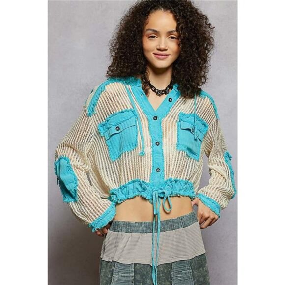 POL Tops - POL Texture Woven Button Down Hooded Shirt with Drawstring Hem